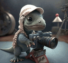 a lizard wearing a hat and headphones is holding a camera