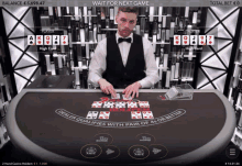 a man in a tuxedo is playing a game of poker on a computer screen