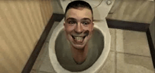 a man is sitting in a toilet with his head sticking out of the bowl .