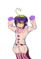 a drawing of a girl with purple hair wearing a white jacket and purple gloves