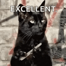 a black cat is holding a knife in its paws and says `` excellent '' .