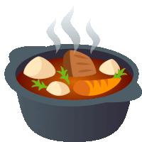 a pot of soup with meat , carrots and potatoes