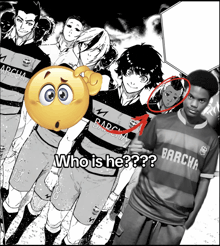 a boy wearing a barcha jersey is standing in front of a group of anime characters