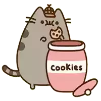 a cartoon cat with a hat eating a cookie next to a jar of cookies