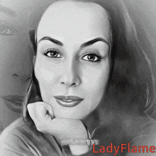 a black and white photo of a woman with ladyflame written on the bottom right