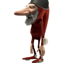 a cartoon character with a long nose and a beard is wearing a red hat and a red hoodie .