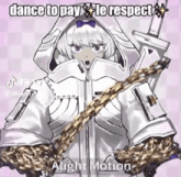 a girl in a white jacket is holding a sword and chain .