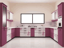 a kitchen with purple and white cabinets and a large window