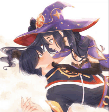 a girl in a witch hat is kissing a boy