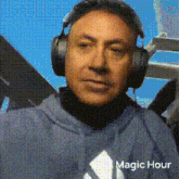 a man wearing headphones and a hoodie with the words magic hour written below him