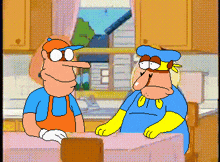 two cartoon characters are standing next to each other in a kitchen and one is wearing gloves