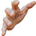 a close up of a person 's hand reaching out towards something on a white background .