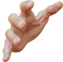 a close up of a person 's hand reaching out towards something on a white background .