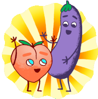 a cartoon of a peach and an eggplant hugging