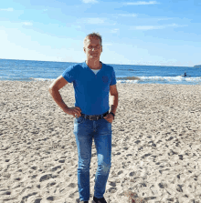 a man in a blue shirt is standing on a sandy beach