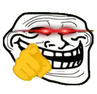 a troll face with red eyes and a yellow finger pointing at it .