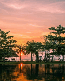 a sunset over a beach with palm trees and a reflection of the sun in the water