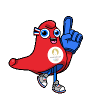 a mascot for the paris 2024 olympics holds up a finger