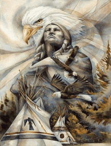 a painting of a native american with an eagle