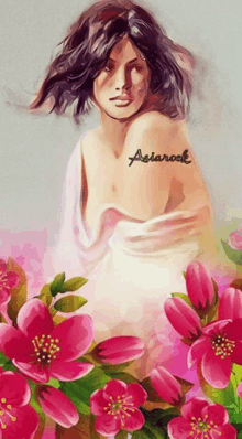 a painting of a woman surrounded by pink flowers and the name asiarock on the bottom