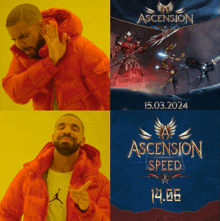 a man in a red jacket is looking at a poster for ascension speed