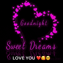 a goodnight sweet dreams love you greeting card with a heart surrounded by pink hearts on a black background .