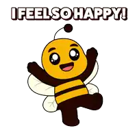 a cartoon of a bee with the words " i feel so happy " above it