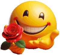 a yellow smiley face holding a red rose with a.c. on the bottom