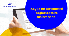 a person is holding a tablet with a blue circle that says soyez en conformite