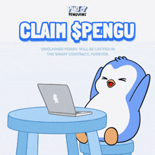 a penguin sits at a table with a laptop and the words claim spengu on the bottom