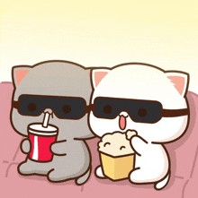 two cartoon cats wearing sunglasses and drinking soda and eating popcorn