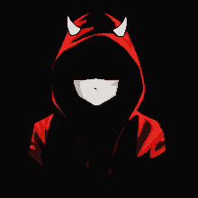 a person wearing a red devil hoodie with horns