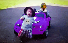 a child in a purple car with a logo that says seo