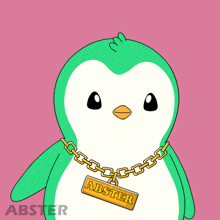 a green penguin wearing a gold chain and a tag that says abster on it