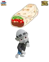 a cartoon character standing next to a burrito with the words love laughter wisdom written on the bottom
