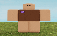 a roblox character is wearing a brown shirt with a purple club inn sticker on it