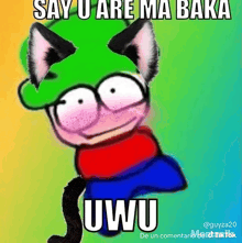 a drawing of a cat with a green hat that says say u are ma baka
