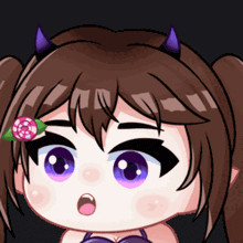 a cartoon girl with purple eyes and a flower in her hair