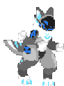 a pixel art of a gray and blue furry character standing on a white background .