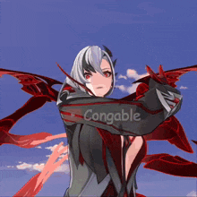 a video game character with a red scarf around her neck and the word congable on the bottom