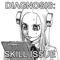 a black and white drawing of a girl with stitches on her face holding a clipboard with the words diagnosis skill issue below her