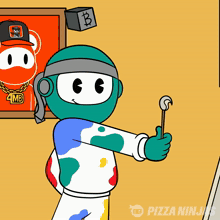 a cartoon of a ninja holding a paint brush with a pizza ninjas logo in the corner
