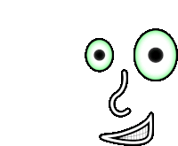 a drawing of a cartoon face with green eyes and a smile .