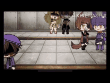 a group of anime characters are standing in a room with the words made with kinemaster on the bottom right