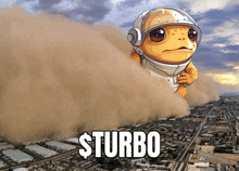 a cartoon of a frog in a space suit is surrounded by a sand storm and the word turbo is on the bottom