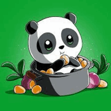 a panda bear is sitting in a pot of vegetables on a green background .