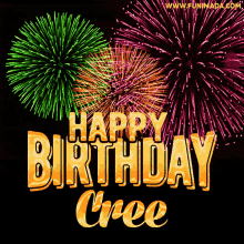 fireworks are displayed in the background of a happy birthday card for cree