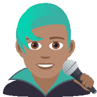 a man with blue hair is holding a microphone and smiling