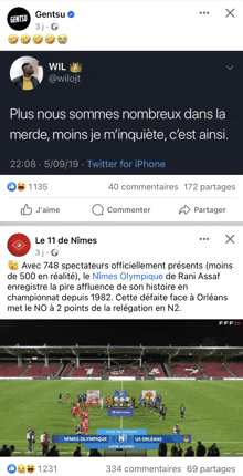 a screenshot of a soccer game between le 11 de nimes and us orleans on twitter