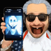 a man in a wig and sunglasses holds up a cell phone with a picture of a woman on it